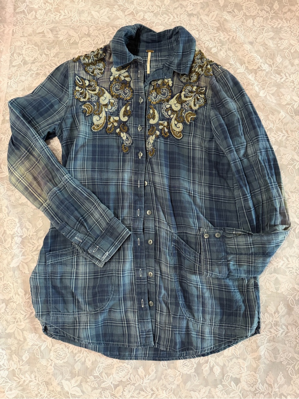 free people beaded Embellished Blue Plaid Button-Front Women's Shirt Jacket